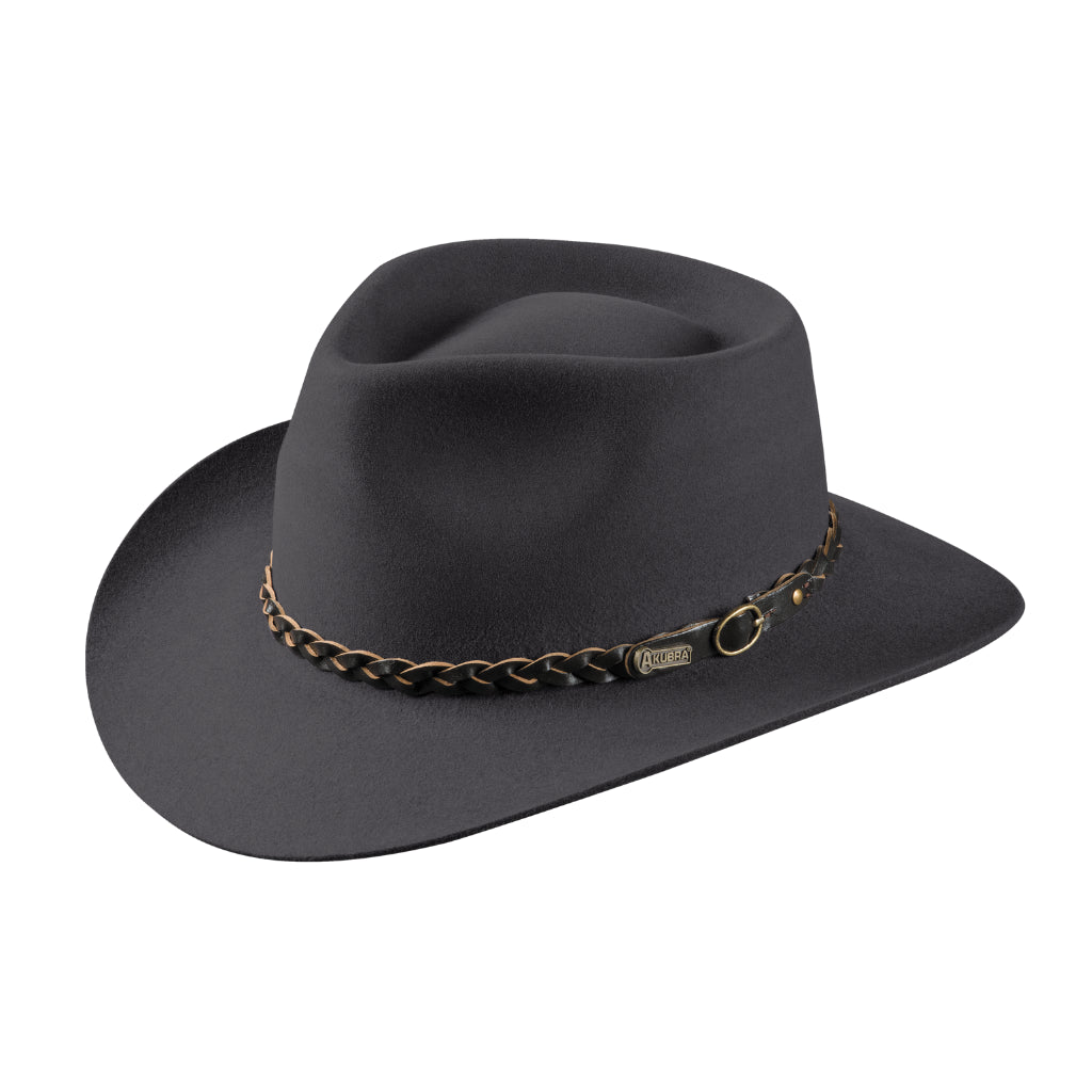 angle view of Akubra Stockman style hat in Glen Grey colour.
