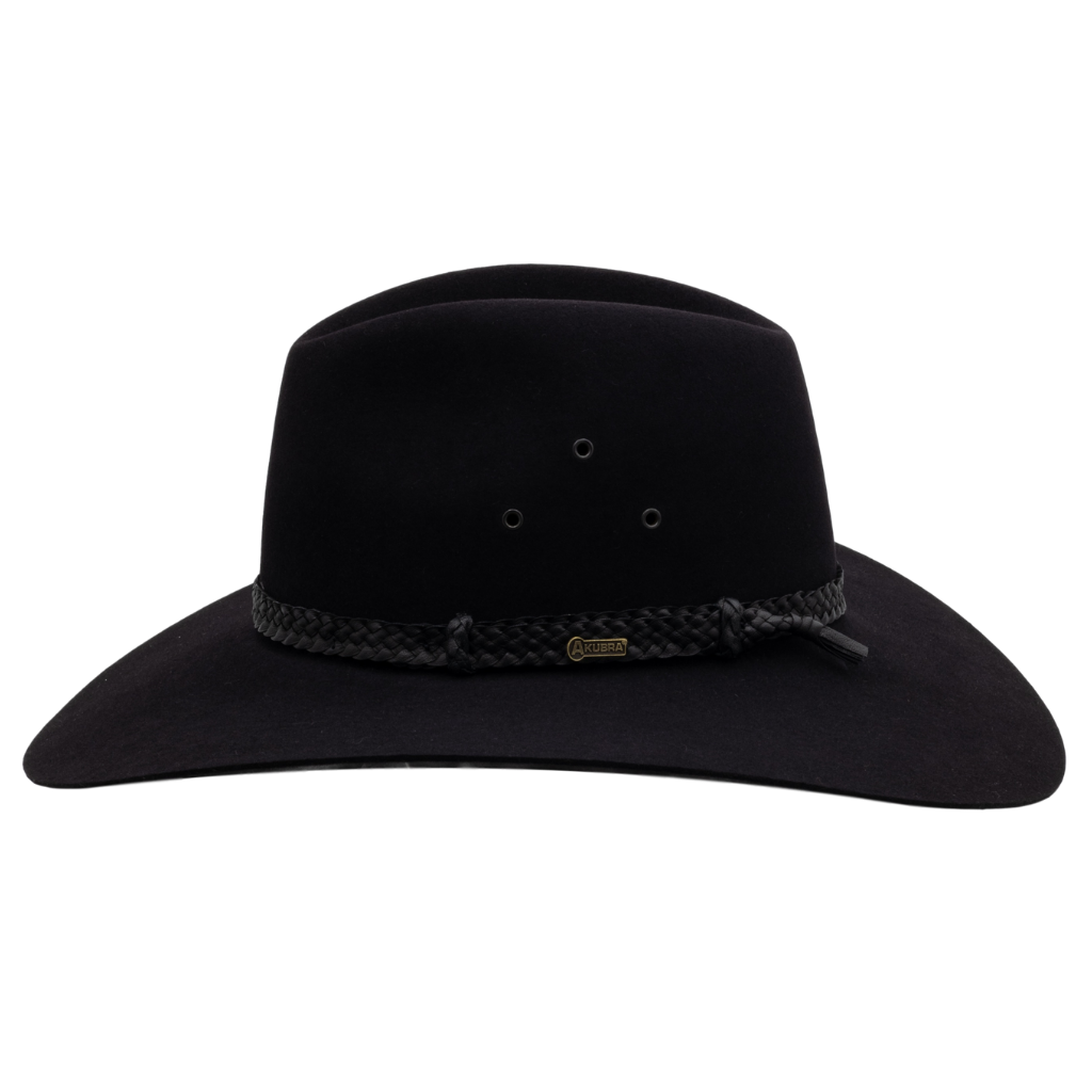 Side view of Akubra black Riverina hat