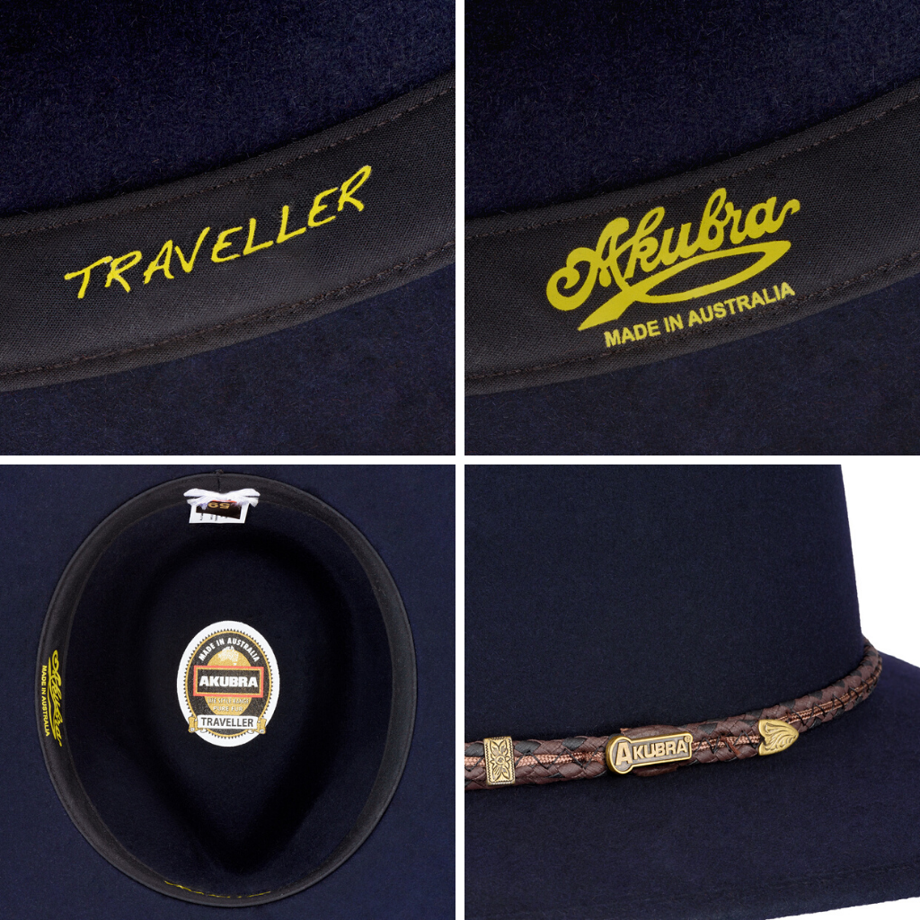 Compilation of images of Akubra Traveller hat in Federation Navy colour interior and hat band detail