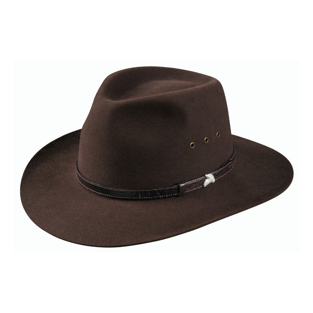 Angle view Akubra Angler style hat in Loden colour.