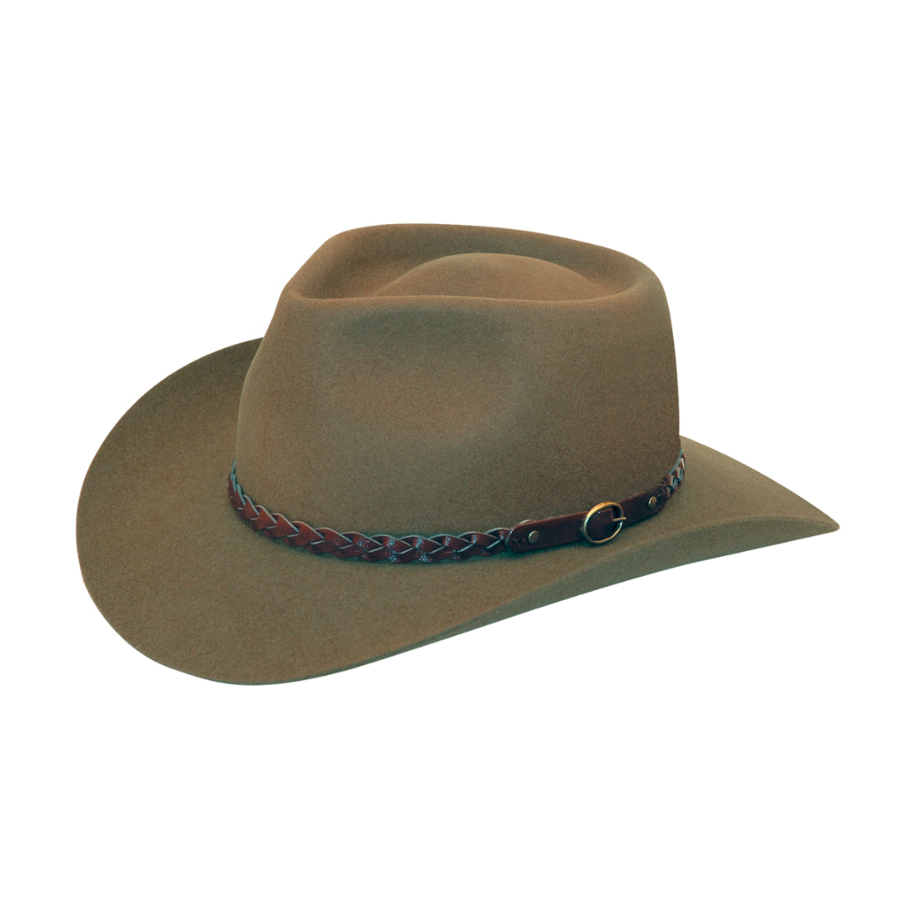 angle view of Akubra Stockman style hat in Santone colour.