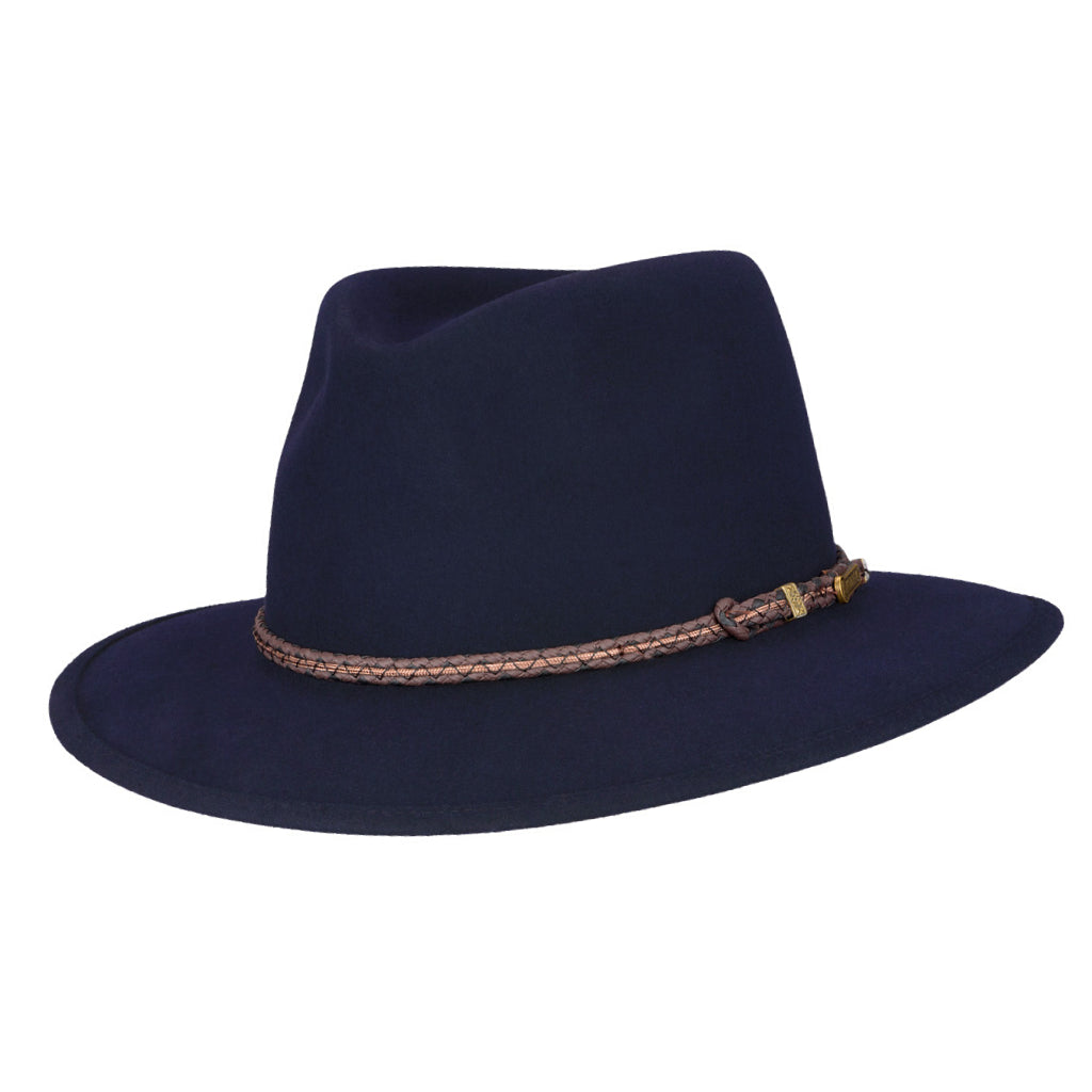 Angle view of Akubra Traveller hat in Federation Navy colour