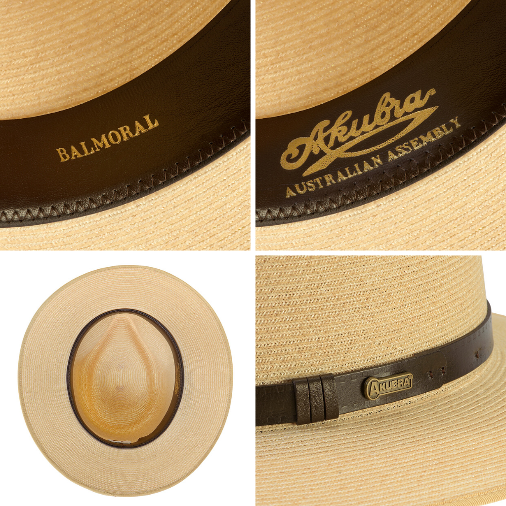 Compilation of images of Akubra Balmoral hat showing interior detail and hat band
