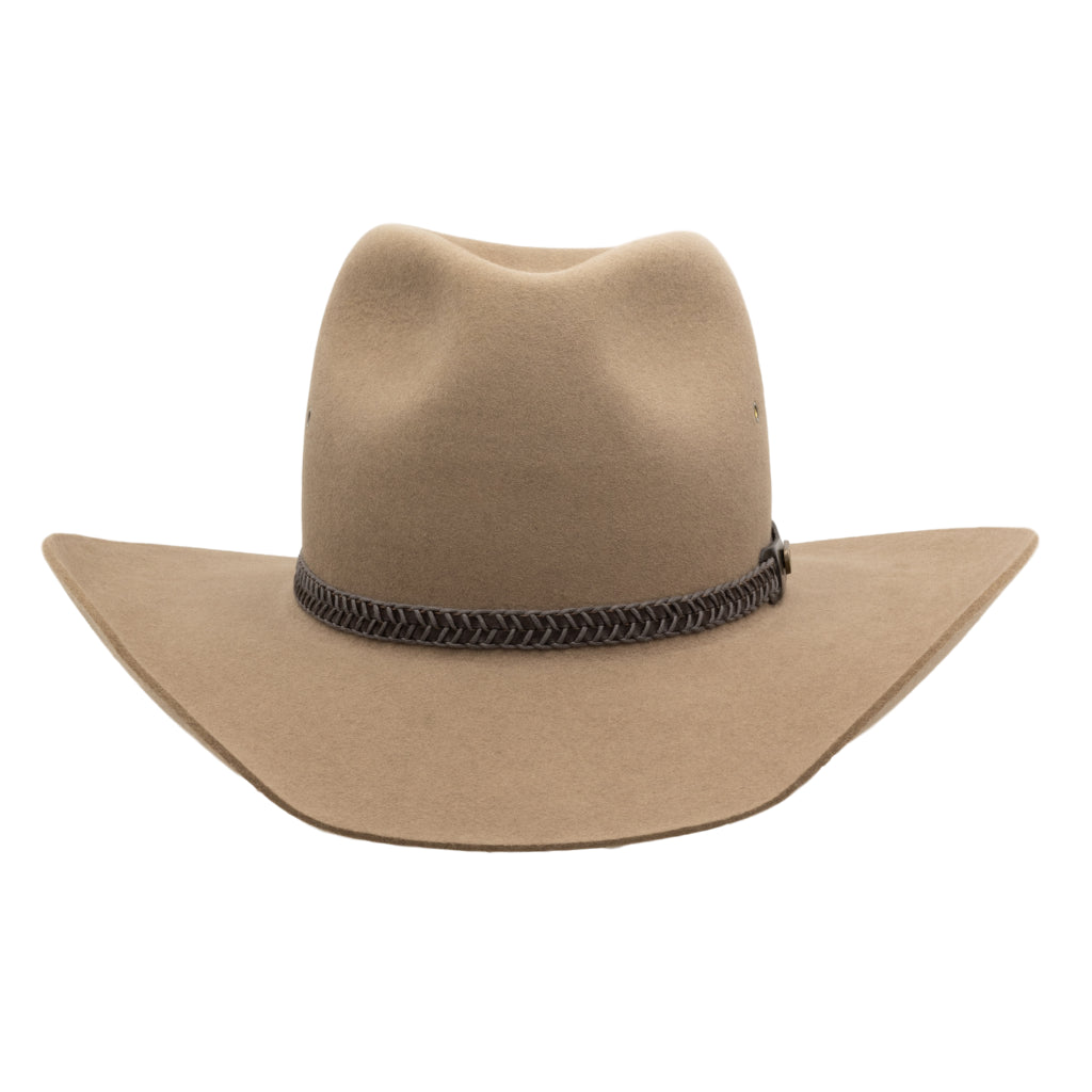 Front-on view of Akubra Bran coloured Golden Spur Western style hat