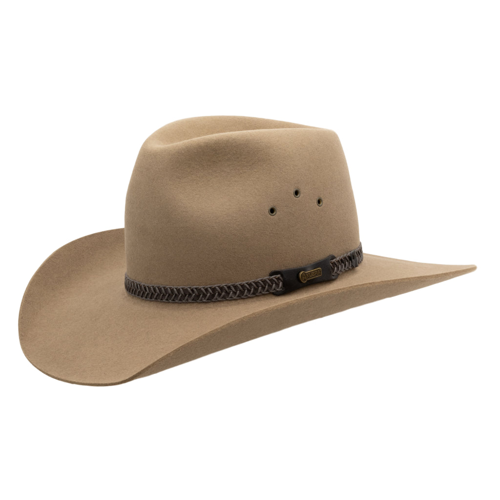 Angle view of Akubra Bran coloured Golden Spur Western style hat 