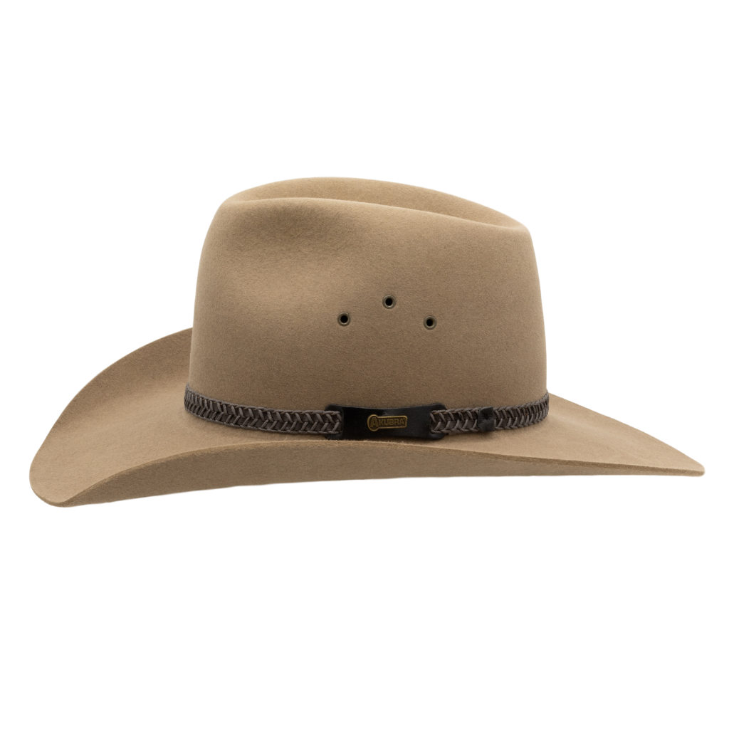 Sidee view of Akubra Bran coloured Golden Spur Western style hat