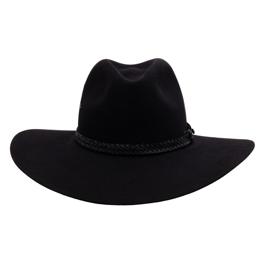 Front-on view of Akubra black Riverina hat