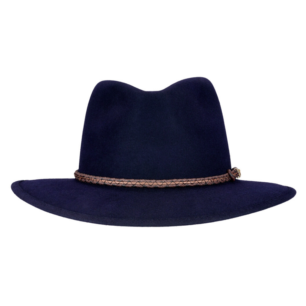 Front-on view of Akubra Traveller hat in Federation Navy colour