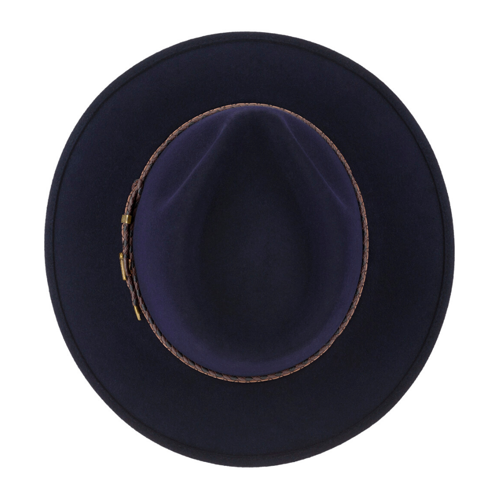 View of Akubra Traveller hat in Federation Navy colour from top down